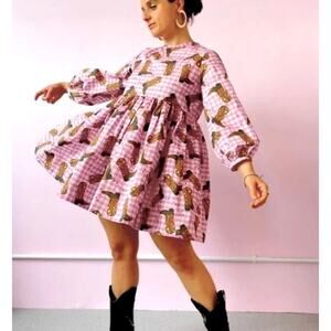 NWOT Megan Crosby Lila Cowboy Dress Pink Gingham Mini Puff-Sleeve Boot-Print